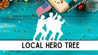 The graphic has text stating Local Hero Tree and has a silhouette of military members holding an American flag.